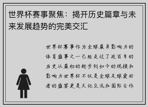 世界杯赛事聚焦：揭开历史篇章与未来发展趋势的完美交汇