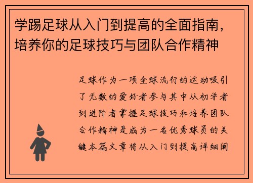 学踢足球从入门到提高的全面指南，培养你的足球技巧与团队合作精神