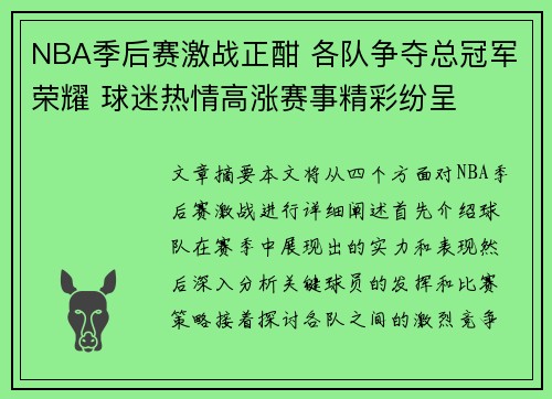 NBA季后赛激战正酣 各队争夺总冠军荣耀 球迷热情高涨赛事精彩纷呈
