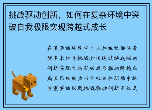 挑战驱动创新，如何在复杂环境中突破自我极限实现跨越式成长